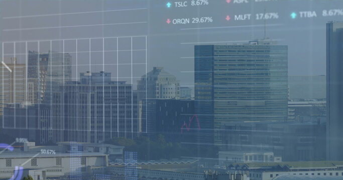 Displaying translucent financial chart over downtown skyline, with line graphs and ticker labels