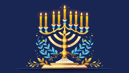 Decorative menorah with golden candles and floral accents on a deep blue background