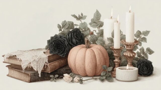 Slow motion animation of burning wax candles in golden candelabra, black rose leaves moving in the wind, old books in a spider web and a pumpkin on a light background. Vintage style with academic aest