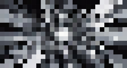 Monochrome mosaic pattern with gray scale squares creates a textured digital abstract effect with a pixelated style evoking a retro computing or gaming aesthetic