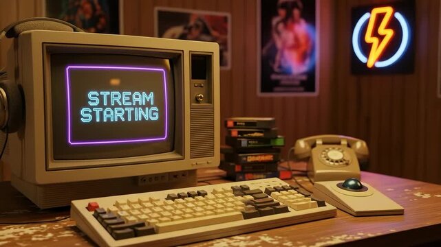 A retro 1980s computer setup with a vintage monitor keyboard and phone has a stream starting message on screen for a nostalgic youtube or twitch gaming channel