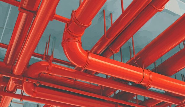 Industrial red pipes crisscrossing ceiling