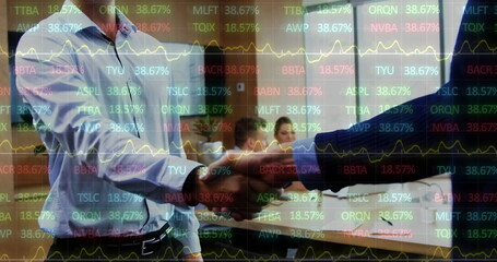 Shaking hands executives closing deal in conference room with stock ticker overlay