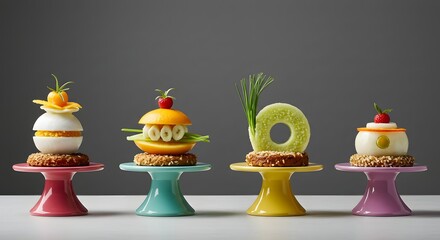 Exquisite Miniature Desserts Displayed on Colorful Stands