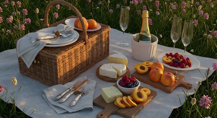 Romantic Summer Meadow Picnic with Champagne and Fruit