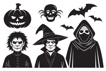 Halloween Pumpkin, Witch, Grim Reaper, Spider and Bat Vector Silhouette Set