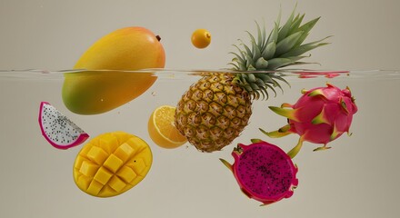 Vibrant Assortment of Exotic Tropical Fruits Submerged in Clear Water