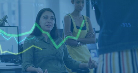 Gesturing analyst in olive shirt leading data-driven discussion in office, with line-graph overlay