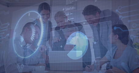 Six professionals in business attire pointing at holographic data at conference table with laptop