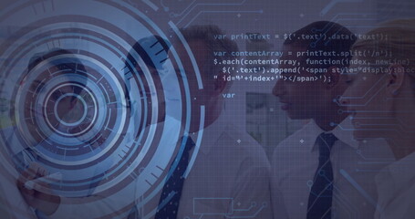 Discussing data, five executives in suits pointing at hologram in boardroom, with tablet device