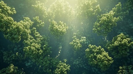 Obraz premium Aerial view of a dense forest with sunlight streaming through the trees creating a mystical atmosphere