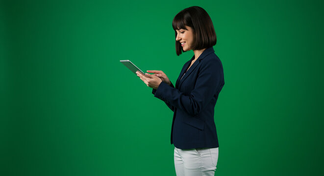 Confident businesswoman engaging with tablet technology, achieving modern professional success on green screen.