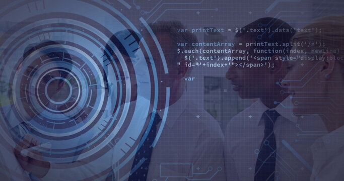 Discussing data, five executives in suits pointing at hologram in boardroom, with tablet device