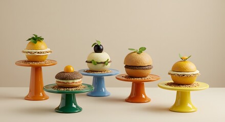 Gourmet Miniature Savory Ball Desserts Presented on Colorful Pedestals