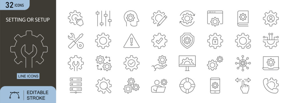 Setting or Setup icons set. Includes icons for gear, wrench, configuration, system, tool, adjust, and preference. Editable stroke. Line icons. Perfect for infographics.