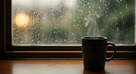 Enjoying A Hot Drink While Watching Rain Fall on a Window