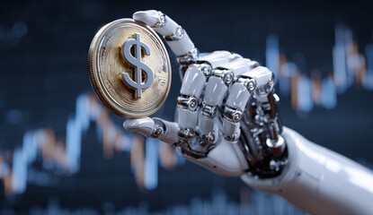 Robotic hand holds a coin in front of financial data