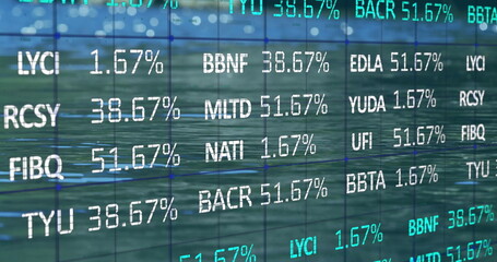 Displaying digital ticker grid floating above calm water, showing turquoise financial percentages