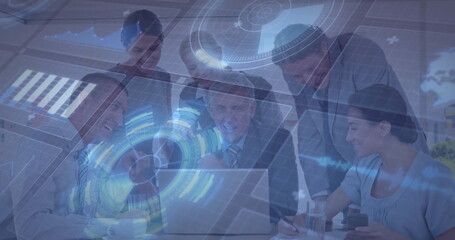 Collaborating business team wearing suits analyzing data on laptop in boardroom, with coffee cups