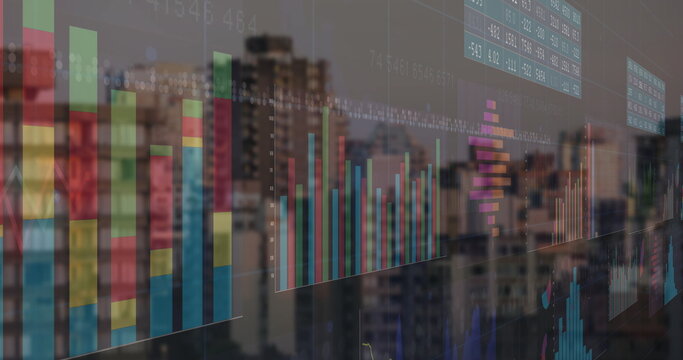 Displaying translucent overlay floating over city skyline with bar, line and histogram charts