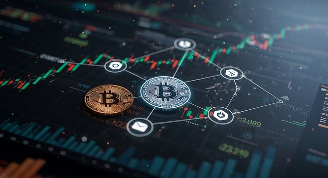 Bitcoin Cryptocurrency and Blockchain Technology Financial Investment with Candlestick Charts representing Market Growth and Digital Currency Investing for the Future of Finance - Powered by Adobe