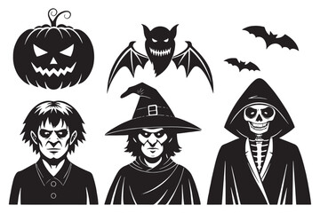 Halloween Witch, Skeleton, Pumpkin and Bat Vector Silhouette Set