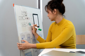 Asian adult woman designer creating mobile app UI UX concepts on whiteboard brainstorming digital product visuals user flow strategy in modern creative studio