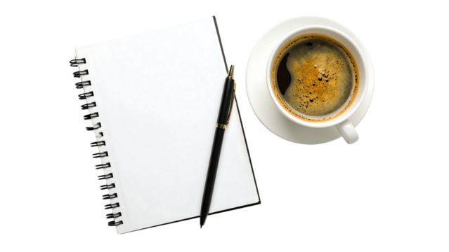 Coffee Break Inspiration Blank Notebook and Pen Beside a Cup of Coffee