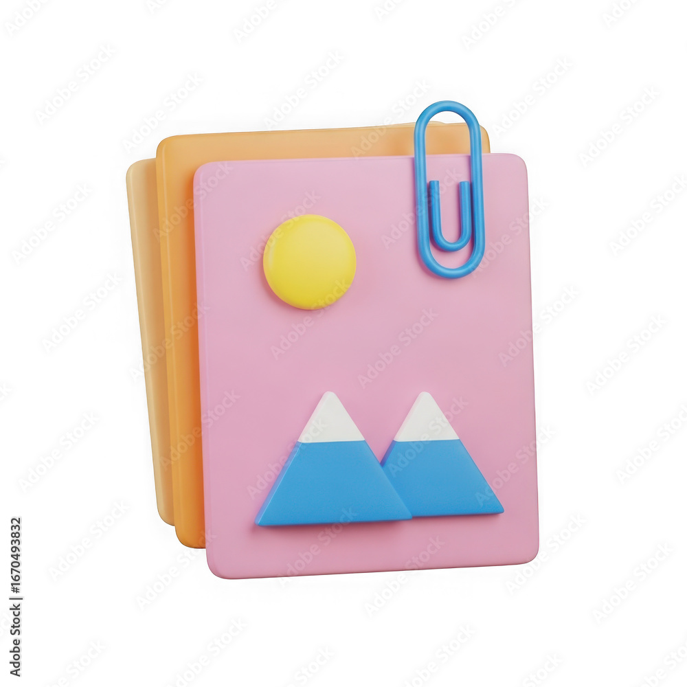 Poster 3d stack of pink files with paperclip isolated on transparent background