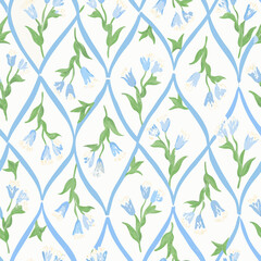 Seamless pattern of bluebell flowers with a trellis design