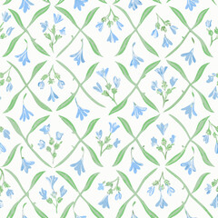 Delicate bluebell flowers and green leaves in a repeating diamond pattern