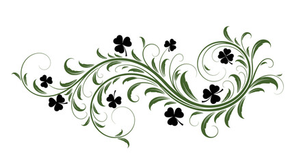 Elegant green and black floral scroll design with shamrock clovers and swirling leaves on an isolated white background, perfect for decorative themes. © shankara