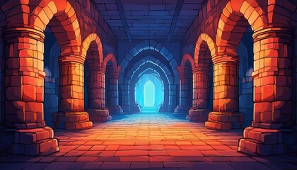 pixelated dungeon room with stone pillars orange red and blue light hall with stone columns and arched ceiling