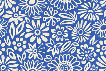 Seamless pattern of cream colored stylized flowers and leaves on a blue background