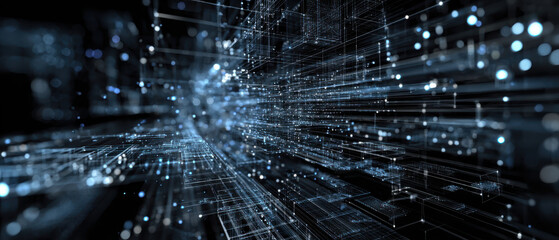 Futuristic city data stream digital network cyber grid blue neon abstract technology glowing line particle speed perspective. Futuristic city data stream digital network cyber grid blue neon glow