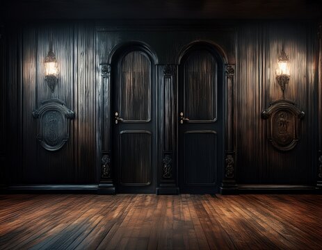 dark mysterious hallway interior four antique doors old wooden floor dark walls vintage room aged grunge spooky mystery eerie horror film background texture design house