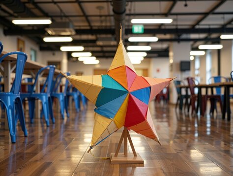 Colorful star ornament stands in modern office space