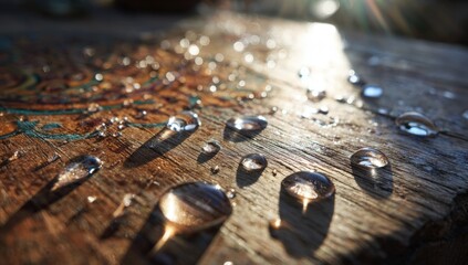 Water droplets on weathered wooden surface illuminated by sunlight
