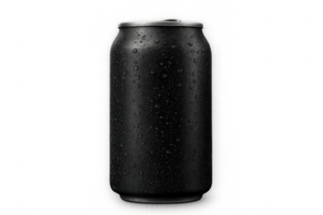 Refreshing black aluminum can with condensation droplets on transparent background