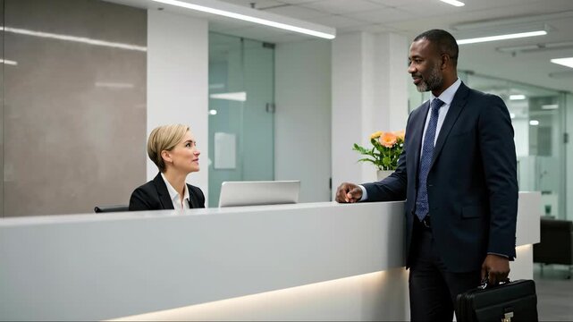 Professional African American man woman receptionist office lobby business meeting corporate hospitality concept promotional banking services client horizonta