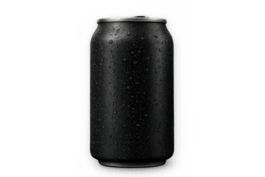 Refreshing black aluminum can with condensation droplets on transparent background