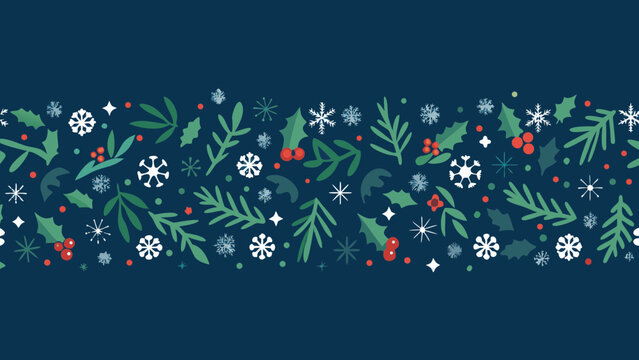 Festive christmas border with holly snowflakes and evergreen branches on dark blue background