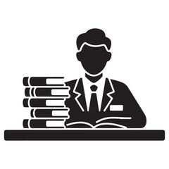 Librarian with stack of books solid icon, children book day concept, man at table. Vector black silhouette. with white background