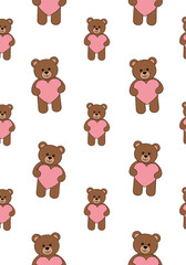 Sweet teddy bears holding pink hearts create a charming seamless pattern for baby shower decor