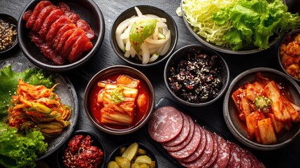 A creative layout of Korean BBQ ingredients, including kimchi and marinated meats.