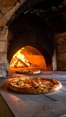 Pizza baking in a wood-fired oven (1)