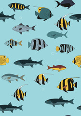 Naklejka premium Vibrant collection of tropical fish swimming in blue ocean waters for ocean themed design elements