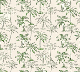 Seamless pattern of hand drawn green palm trees on a cream background