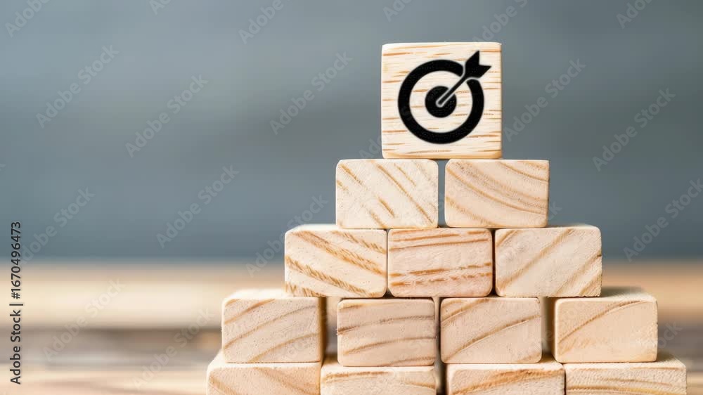 Poster Stacking wooden blocks to form a pyramid with a target symbol, emphasizing goal-setting and focus for personal growth and achievement