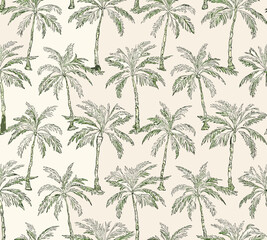 Seamless pattern of hand drawn green palm trees on a cream background